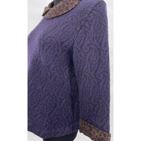 MILLMA BOLIVIA Womens 100% Alpaca Sweater Leopard Cheetah Purple Brown Medium - Picture 2 of 7